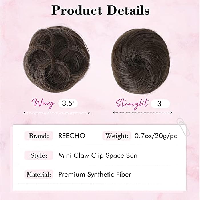REECHO 2 PCS Mini Claw Clip in Messy & Cat Ears Hair Bun Extensions Wig Accessory Updo Hairpieces for Women Girls (Pack of 2-3 Straight, Ash Light Brown) - Image 3